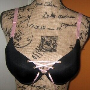 Youmita 34B Two Tone Pink/Black Tie Up Push Up Bra NWT